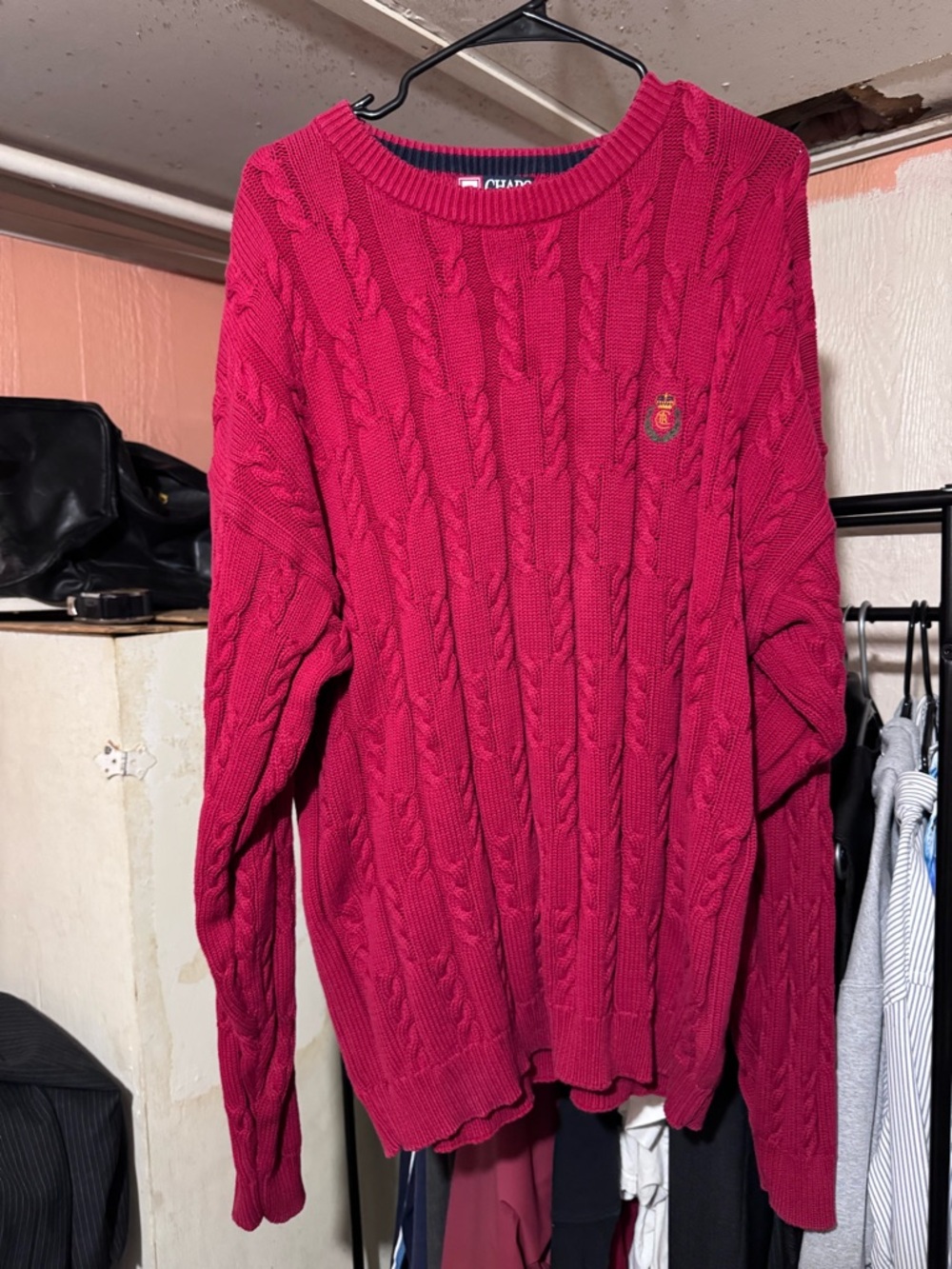 Vintage CHAPS Ralph Lauren Cable Knit Sweater Mens XL Red Crest Logo 100% Cotton